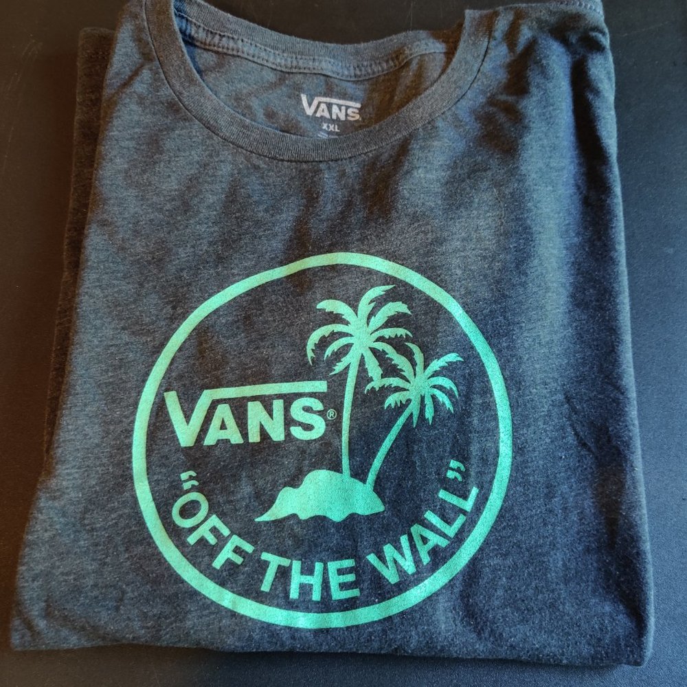 Vans Grey Shortsleeved T-Shirt, Teal Green Tropical "OFF THE WALL" Logo.